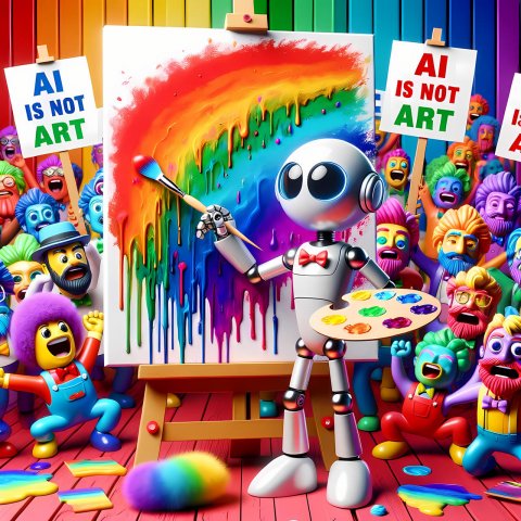 Een robot schildert een regenboog voor een schreeuwende menigte met bordjes met de tekst 'AI is not art.'